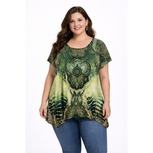 Step In Style‎ Womans Tunic Top Size L Green Asymmetrical Short Sleeve Y2K VTG